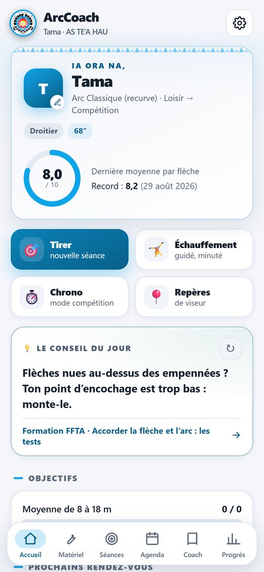 Écran d'accueil d'ArcCoach : dernière moyenne par flèche de 8 sur 10, record, boutons pour lancer une séance, un échauffement, le chrono de compétition et les repères de viseur.
